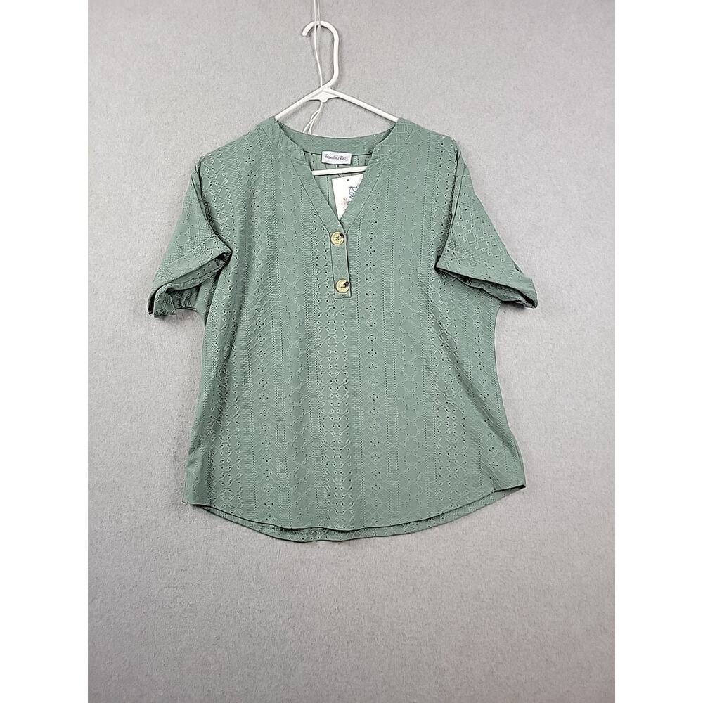 Rebellious Rose Green Eyelet Striped SS V Neck Rayon Blouse Women's Medium